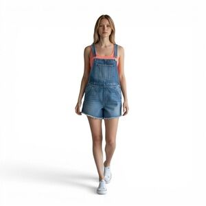 Free People We The Free Denim Short Overalls Frayed Hem Bib Shorts Boho 6